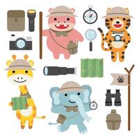 A set of big Isolated Vector animal adventure traveling illustration, hand drawn style, hiking and camping concept with traveling elements on white background.