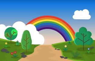 hermoso arco iris verano colinas calle naturaleza paisaje ilustración vector