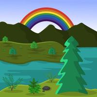 hermoso arco iris verano colinas lago naturaleza paisaje ilustración vector