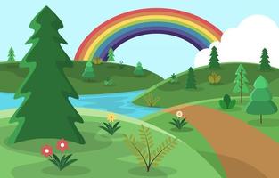 hermoso arco iris verano colinas lago naturaleza paisaje ilustración vector