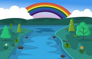 hermoso arco iris verano colinas río naturaleza paisaje ilustración vector