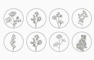 Line flower collection with lavender, magnolia in circle shape vector