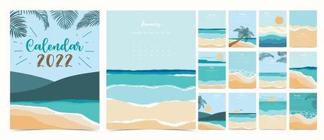 La semana del calendario de mesa 2022 comienza el domingo con la playa y el mar que se utilizan para el tamaño a4 a5 vertical digital e imprimible vector