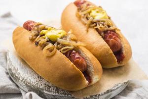 Delicious hot dogs with mustard and onion