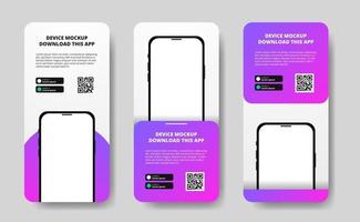 social media stories banner advertising for downloading app for mobile phone, 3D double smartphone device mockup with modern purple gradient. Download buttons with scan qr code template. vector