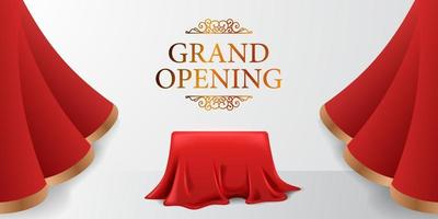 Elegante cartel de lujo de gran inauguración con ola de cortina de seda roja abierta con ilustración de caja de cubierta de tela con fondo blanco y texto dorado vector