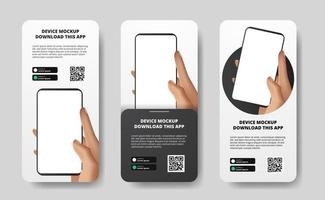 social media stories banner advertising for downloading app for mobile phone, hand holding smartphone. Download buttons with scan qr code template. 3D perspective phone vector