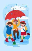 Ilustración de vector de personaje de dibujos animados aislado grande de niños lindos jugando bajo la lluvia fuera de casa, ilustración plana