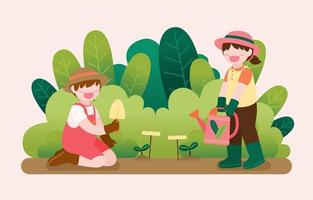Ilustración de vector de personaje de dibujos animados aislado grande de niños lindos que cultivan un huerto en el jardín fuera de casa, ilustración plana