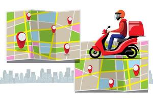 Grandes iconos de colores de vectores de motocicletas aisladas, ilustraciones planas de entrega por motocicletas a través de la ubicación de seguimiento gps. entrega en bicicleta, entrega de pizza y comida, entrega instantánea, entrega en línea.