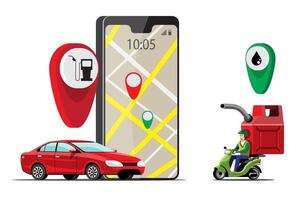 Grandes iconos de colores de vectores de motocicletas aisladas, ilustraciones planas de entrega por motocicletas a través de la ubicación de seguimiento gps. entrega de bicicletas, combustibles, gas, entrega de gasolina, entrega instantánea, entrega en línea.