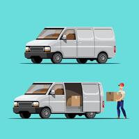 Big isolated vehicle vector icons set, flat illustrations various view of van, logistic commercial transport concept.