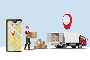 Big isolated vehicle vector colorful icons, flat illustrations of delivery by van through GPS tracking location. delivery vehicle, goods and  food delivery, instant delivery, online delivery.