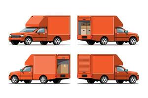 Big isolated vehicle vector icons set, flat illustrations various view of van, logistic commercial transport concept.