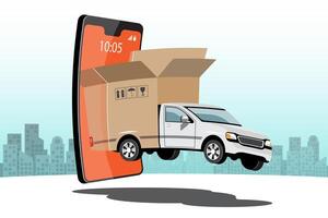 Big isolated vehicle vector colorful icons, flat illustrations of delivery by van through GPS tracking location. delivery vehicle, goods and  food delivery, instant delivery, online delivery.