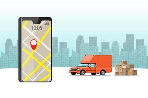 Big isolated vehicle vector colorful icons, flat illustrations of delivery by van through GPS tracking location. delivery vehicle, goods and  food delivery, instant delivery, online delivery.