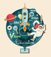 Boy on space with rocket education design infographic,learn concept vector illustration