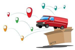 Big isolated vehicle vector colorful icons, flat illustrations of delivery by van through GPS tracking location. delivery vehicle, goods and  parcel delivery, instant delivery, online delivery.