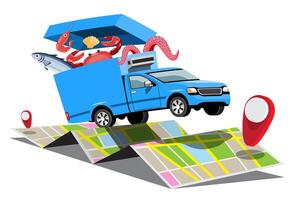 Big isolated vehicle vector colorful icons, flat illustrations of delivery by van through GPS tracking location. delivery vehicle, fish and  food delivery, instant delivery, online delivery.