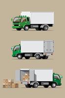 Conjunto de iconos de colores de vector de vehículo aislado grande, ilustraciones planas de varios tipos de camiones, concepto de transporte comercial logístico.