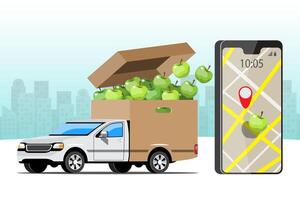 Big isolated vehicle vector colorful icons, flat illustrations of delivery by van through GPS tracking location. delivery vehicle, goods and  food delivery, instant delivery, online delivery.