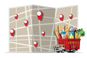 Big isolated vehicle vector colorful icons, flat illustrations of delivery by van through GPS tracking location. delivery vehicle, goods and  food delivery, instant delivery, online delivery.