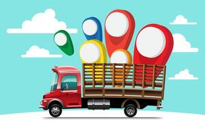 Big isolated vehicle vector colorful icons, flat illustrations of delivery by van through GPS tracking location. delivery vehicle, goods and  parcel delivery, instant delivery, online delivery.