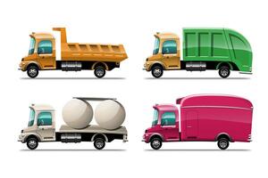 Big isolated vehicle vector colorful icons set, flat illustrations of various type truck, logistic commercial transport concept.