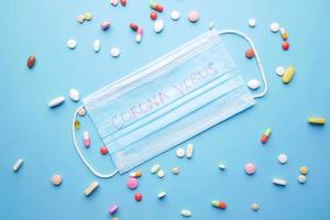 Close up of blue surgical masks on table photo