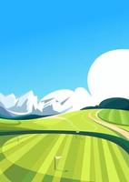Golf course with mountains in the background. Outdoor sport location in vertical orientation. vector