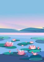 Landscape with lotuses and mountains. Natural scenery in vertical orientation. vector