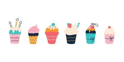 A set of bright colorful cupcakes on a white background in the style of flat doodles. Vector illustration. Children's room decor, posters, postcards, clothing and interior items