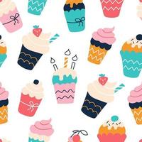 A set of bright colorful cupcakes in the style of flat doodles. Vector seamless pattern. Wallpaper, packaging paper design, fabrics