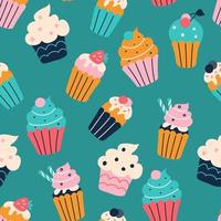 un conjunto de cupcakes de colores brillantes al estilo de garabatos planos. patrón transparente de vector. papel pintado, diseño de papel de embalaje, telas vector