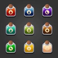 conjunto de iconos para elementos de juego isométricos, ilustración de vector aislado colorido de pociones de elementos de juego para el concepto de juego plano abstracto