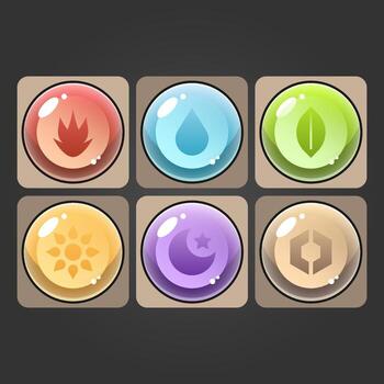 Conjunto de iconos para elementos de juego isométricos, ilustración de vector aislado colorido de bloques de rompecabezas de círculo de elemento para concepto de juego plano abstracto