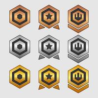 Conjunto de iconos para elementos de juego isométricos, ilustración de vector aislado colorido de medallas de rango de juego hexagonal para concepto de juego plano abstracto