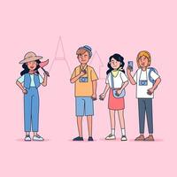 Character collection of tourist big set isolated flat vector illustration wearing professional uniform, cartoon style on tourist guiding theme