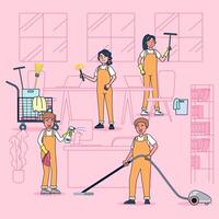 Character collection of cleaners big set isolated flat vector illustration wearing professional uniform, cartoon style