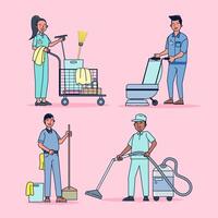 Character collection of cleaner big set isolated flat vector illustration wearing professional uniform, cartoon style