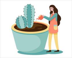 Big isolated cartoon style happy young  woman gardening activity in side home for stay healthy, flat vector illustration