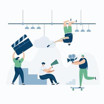 Video Grapher working with video web template, cartoon style Screen web template for mobile phone, landing page, template, UI, web, mobile app, poster, banner, flat Vector illustration