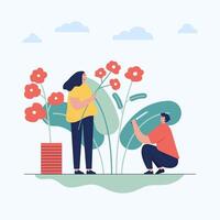 pareja recogiendo flores plantilla web, plantilla web de pantalla de estilo de dibujos animados para teléfono móvil, página de destino, plantilla, interfaz de usuario, web, aplicación móvil, cartel, banner, ilustración vectorial plana vector