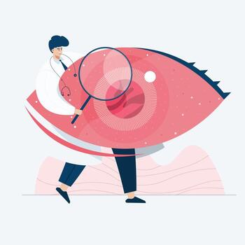 doctor investigando plantilla web, plantilla web de pantalla de estilo de dibujos animados para teléfono móvil, página de destino, plantilla, interfaz de usuario, web, aplicación móvil, cartel, banner, ilustración vectorial plana vector