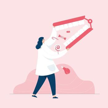 dentista investigando plantilla web, plantilla web de pantalla de estilo de dibujos animados para teléfono móvil, página de destino, plantilla, interfaz de usuario, web, aplicación móvil, cartel, banner, ilustración vectorial plana vector