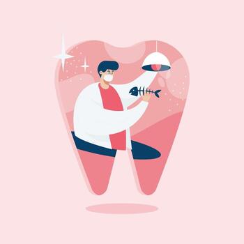 dentista investigando plantilla web, plantilla web de pantalla de estilo de dibujos animados para teléfono móvil, página de destino, plantilla, interfaz de usuario, web, aplicación móvil, cartel, banner, ilustración vectorial plana vector