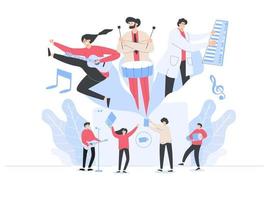 Working on music by musicians web template, cartoon style Screen web template for mobile phone, landing page, template, UI, web, mobile app, poster, banner, flat Vector illustration