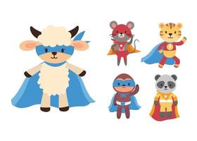 Bundle of isolated cute animal cartoon super hero characters flat vector