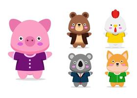 Bundle of isolated cute animal cartoon characters flat vector