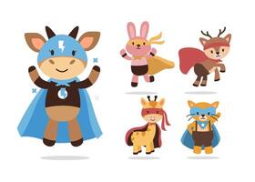 Bundle of isolated cute animal cartoon super hero characters flat vector